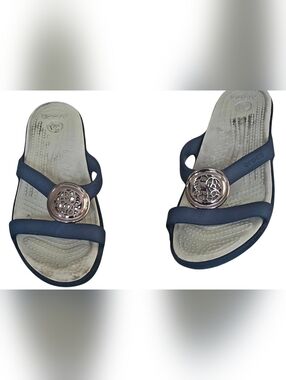 CROCS Navy Slide Sandals with Rose Gold Medallion